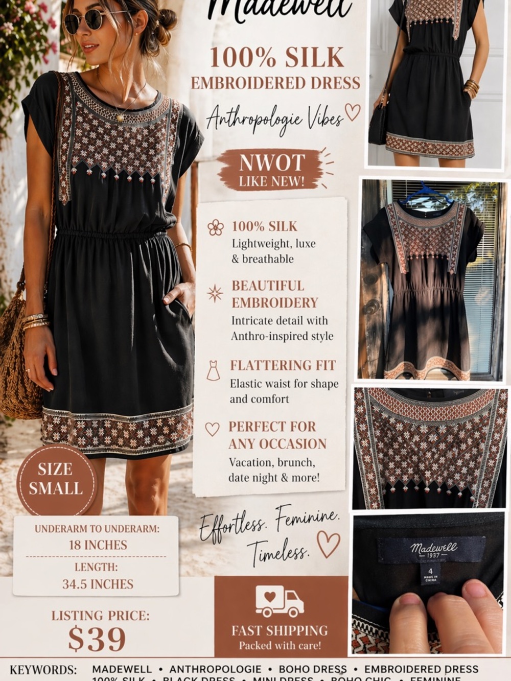 Madewell Silk Embroider Dress boho chic Anthro insp. Festival Vaca date size 4